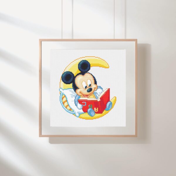 Baby Mickey Cross Stitch PDF – Crescent Moon & Book Design | Disney Nursery Pattern | Instant Download